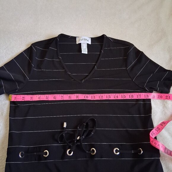 Joseph Ribkoff Women's Size 8 Black/Vanilla Stripe V Neck Tie Waist Midi Dress - Picture 12 of 14